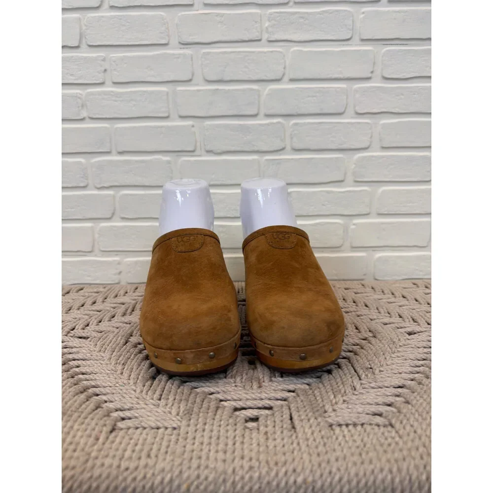 Ugg Studded Suede Platform Clogs Chestnut Wood Heel Size 6